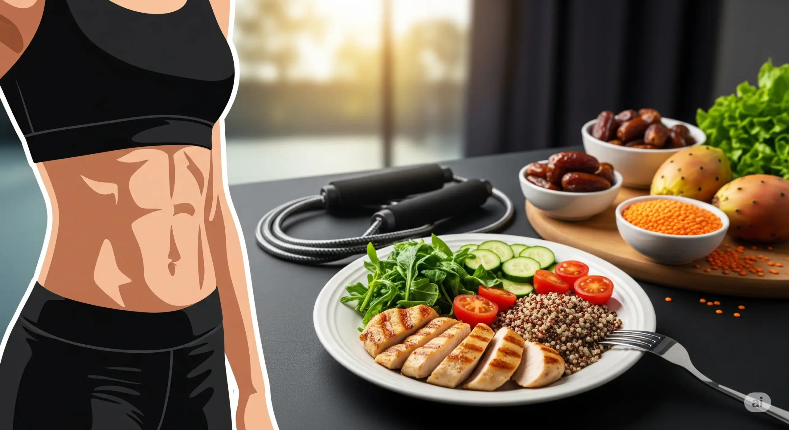 Une image motivante pour un "Régime pour Perdre du Ventre", montrant une silhouette féminine tonique et un ventre plat stylisé sur la gauche. À droite, une assiette équilibrée contient du poulet grillé tranché, du quinoa, des concombres, des tomates cerises et de la roquette fraîche. En arrière-plan, une corde à sauter noire symbolise l'activité physique, tandis que des bols de dattes, des lentilles et des figues de Barbarie ajoutent une touche culturelle algérienne authentique. La scène est lumineuse, moderne et saine, évoquant un mode de vie équilibré et les bienfaits d'un régime pour perdre du ventre combiné à l'exercice.