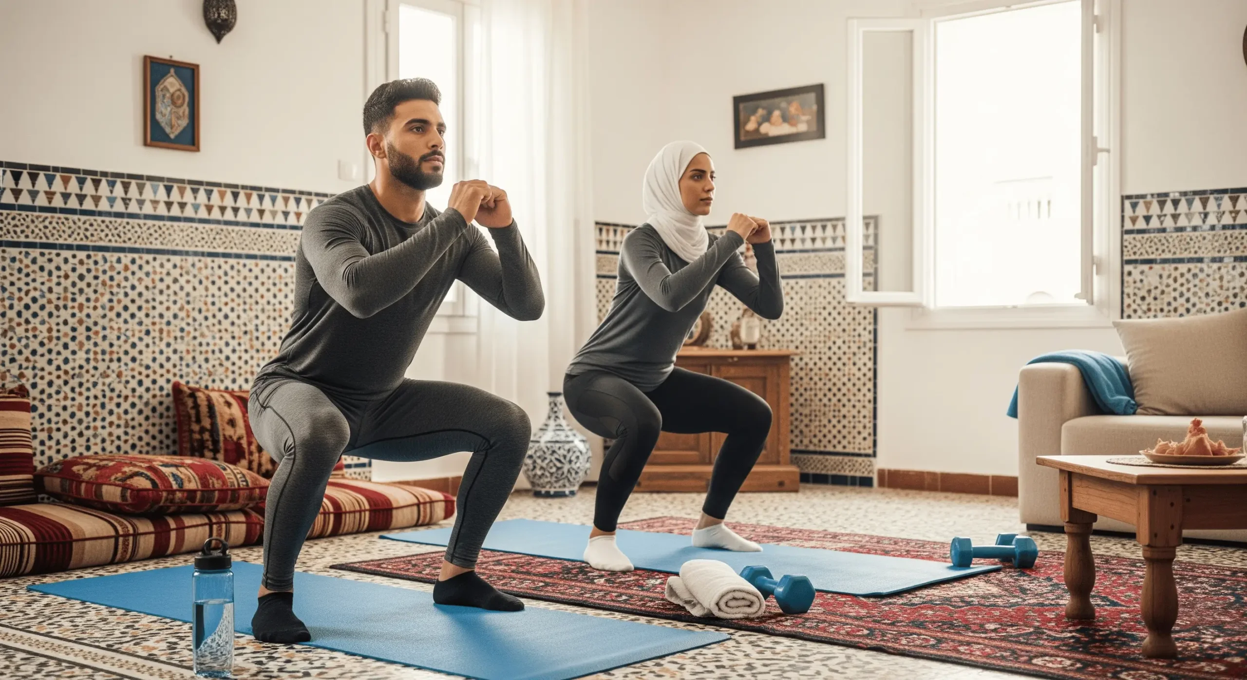 Un homme et une femme algériens en tenue de sport modeste et couvrante font des squats sur des tapis de yoga dans un salon ensoleillé, pour une séance de sport à la maison. Un décor algérien traditionnel, incluant des carreaux de mosaïque et un tapis à motifs, est visible. Une bouteille d'eau, une serviette et des haltères sont à proximité, créant une ambiance d'entraînement à domicile énergique et respectueuse. Séance d'entraîneme