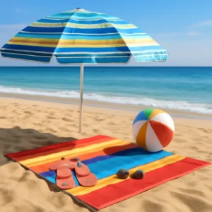 Serviettes, parasols, accessoires de plage.