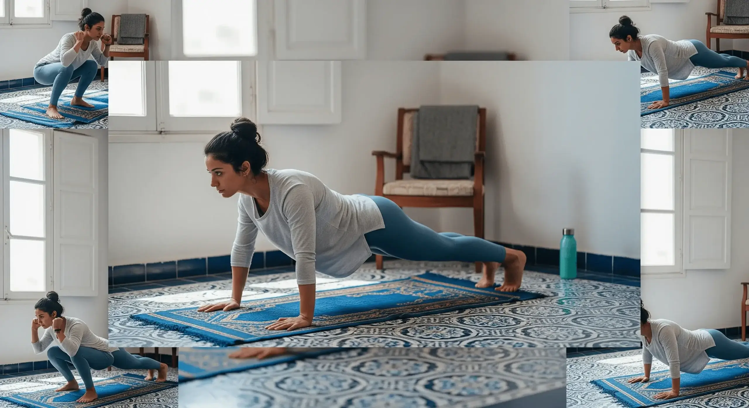 Femme algérienne en tenue de sport modeste réalisant une routine de musculation pour débutant à la maison. Elle effectue des exercices sans matériel comme des pompes, des squats et du gainage dans un appartement lumineux au style algérien.