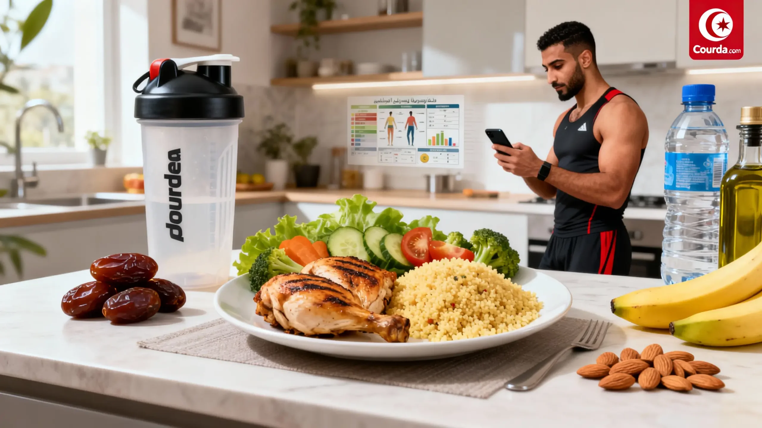 Nutrition sportive équilibrée pour athlètes algériens Description de l'image générée : Table de cuisine ou comptoir algérien moderne avec une assiette équilibrée contenant protéines (poulet grillé), glucides complexes (couscous), légumes frais, accompagnée d'un shaker de protéines Courda, fruits (dattes, banane), amandes, bouteille d'eau et huile d'olive. Sportif algérien ou sportive en tenue de sport consultant un plan nutritionnel sur smartphone en arrière-plan, lumière naturelle, ambiance propre et inspirante.