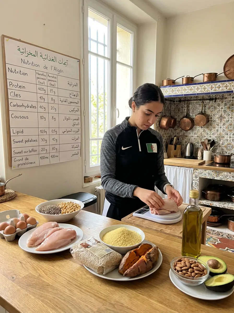Nutrition Sportive Algérie : Guide Complet 2026 4 Courda – Équipements Sport & Fitness en Algérie Préparation d un repas de nutrition sportive algérienne avec poulet couscous légumineuses huile d olive et patate douce