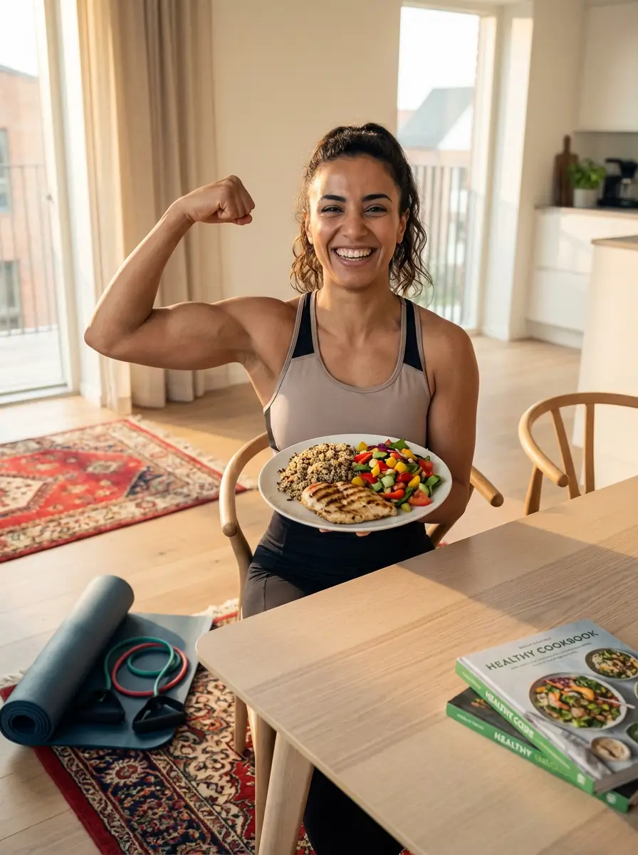 Nutrition Sportive Algérie : Guide Complet 2026 5 Courda – Équipements Sport & Fitness en Algérie Sportive en Algérie montrant son bras musclé avec assiette de poulet légumes et céréales complètes après un programme de nutrition sportive