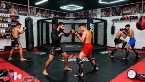 Entraînement de MMA en Algérie en 2025 avec coach, gants de MMA, short Petra et protège-tibias dans une salle de sport moderne pour débutants et intermédiaires.