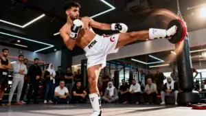 Muay Thai Algérie débutants coup de pied circulaire avec short Petra gants protège-tibias salle sport Alger Courda.com