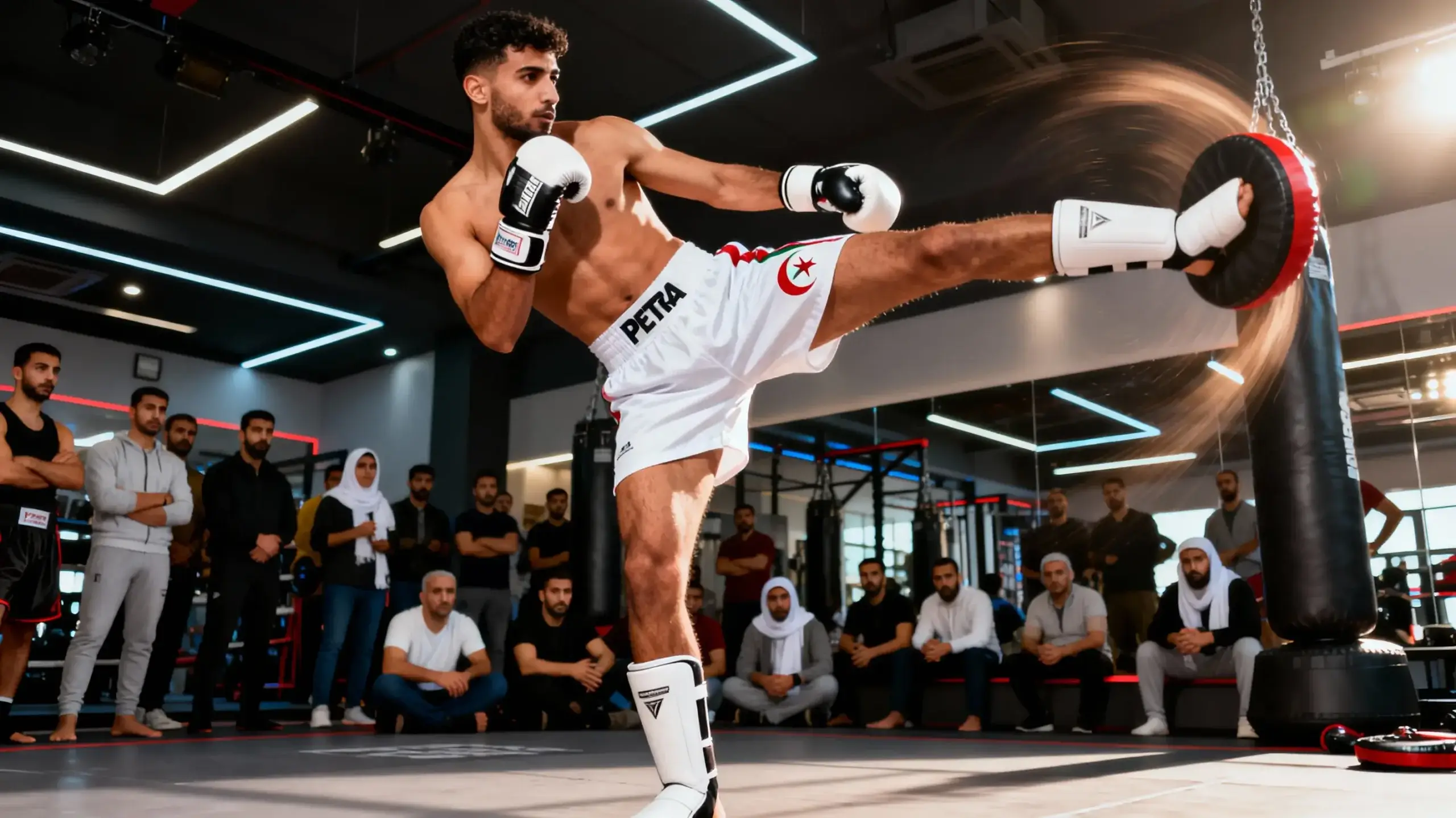 Muay Thai Algérie débutants coup de pied circulaire avec short Petra gants protège-tibias salle sport Alger Courda.com
