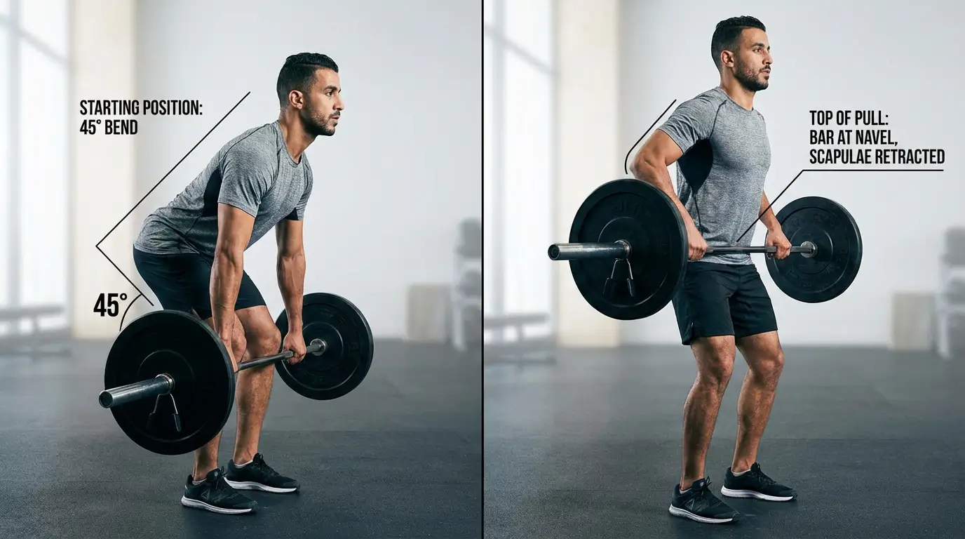 Barbell Row Algérie 2026 : Guide Technique + Programme 1 Courda – Équipements Sport & Fitness en Algérie Technique barbell row en Algérie avec position penchée à 45 degrés et tirage de la barre vers le nombril pour musculation dos