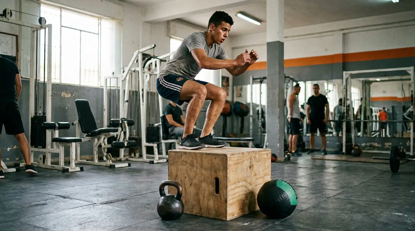 Puissance Musculaire Algérie 2026 : Guide + Programme 2 Courda – Équipements Sport & Fitness en Algérie Sportif algérien réalisant un box jump explosif avec kettlebell et medicine ball pour développer puissance musculaire et détente verticale
