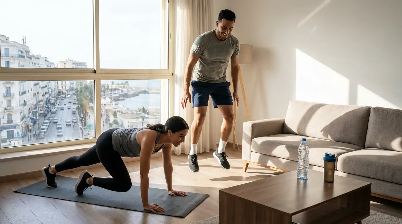 Entraînement cardio à la maison en Algérie avec burpees et mountain climbers sur tapis de fitness pour brûler les graisses et améliorer l’endurance cardiovasculaire