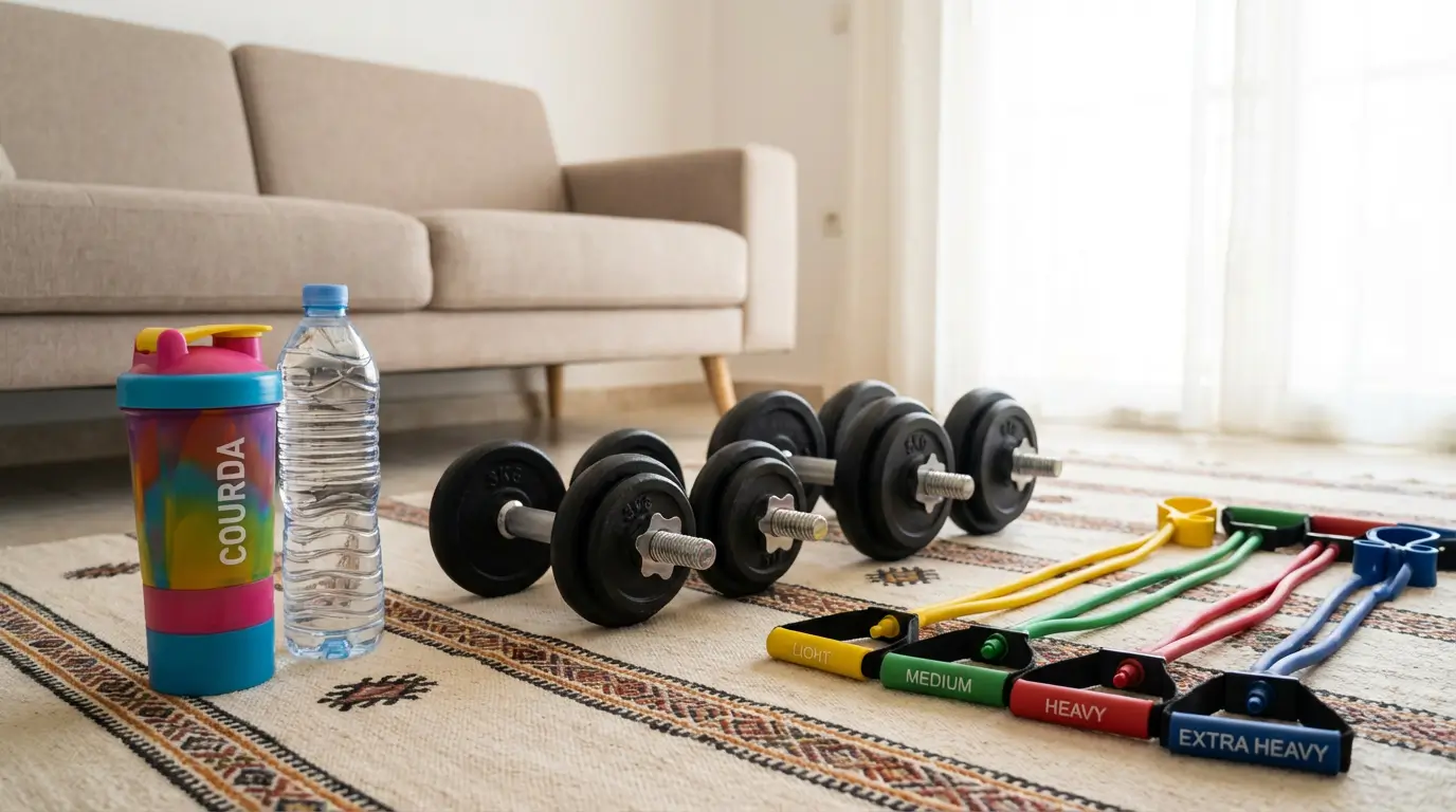 Exercices Biceps Algérie 2026 : Guide + Programme Efficace 6 Courda – Équipements Sport & Fitness en Algérie Équipement Courda pour exercices biceps à la maison en Algérie avec haltères 3 kg, bandes élastiques et shaker de nutrition sportive