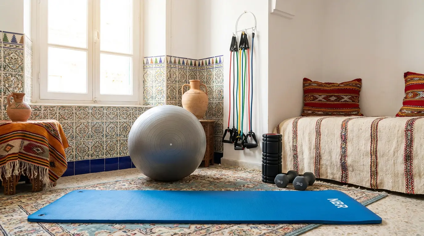 Gainage Algérie 2026 : Guide Complet Exercices & Résultats 5 Courda – Équipements Sport & Fitness en Algérie Equipement de gainage a la maison en Algerie avec tapis de yoga NBR Flott ballon de gym bandes elastiques halteres et rouleau de massage Courda pour renforcer le core