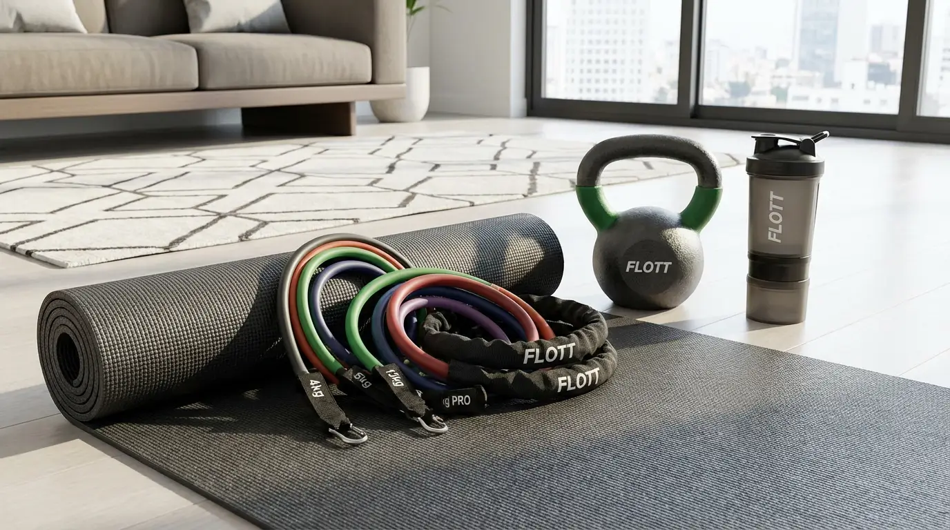 HIIT Algérie 2026 : Guide Complet + Programme Débutant 6 Courda – Équipements Sport & Fitness en Algérie Équipement HIIT Courda pour l'Algérie avec lot de 5 bandes élastiques 4-5-13-6kg PRO, kettlebell FLOTT, tapis de fitness et shaker FLOTT Prostak prêts pour un entraînement à domicile