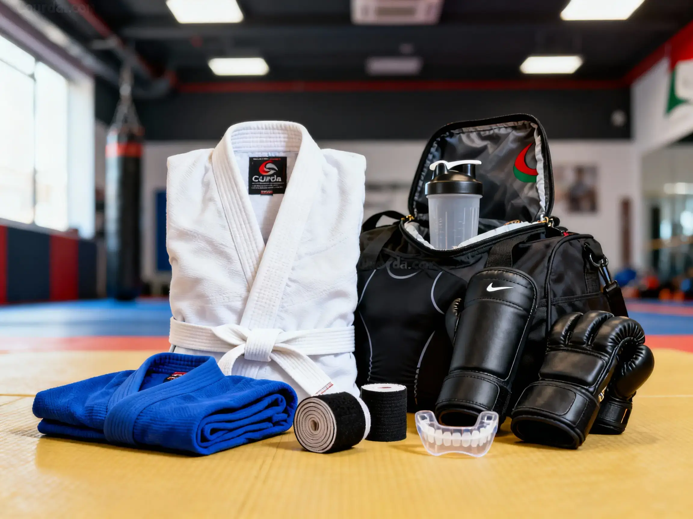 Jiu Jitsu Algérie 2026 : Guide Complet pour Débuter et Progresser 1 Courda – Équipements Sport & Fitness en Algérie Équipement complet de jiu jitsu en Algérie avec kimono blanc, kimono bleu, protège‑tibias, gants de MMA, protège‑dents et bandes de protection disposés sur un tatami, style photo produit pour Courda.com.