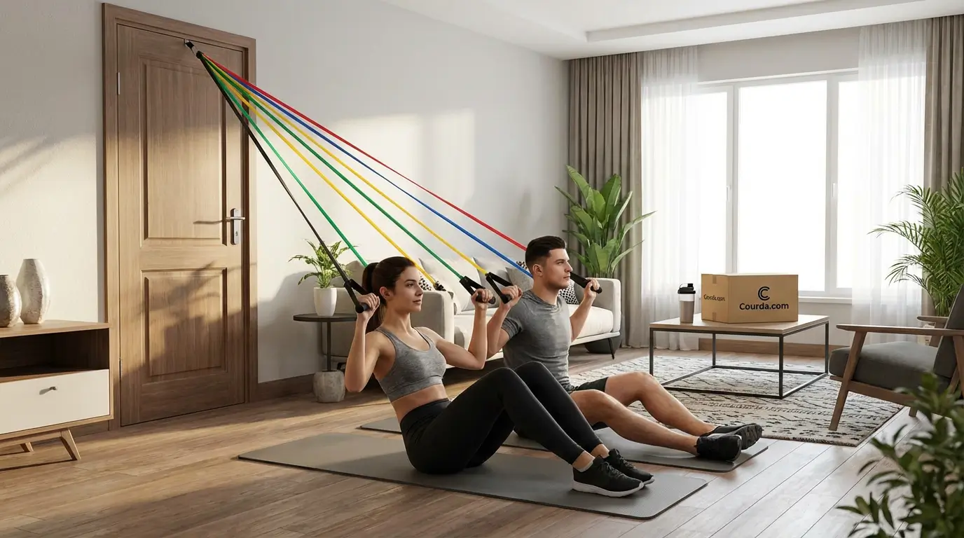 Lat Pull Down Algérie :Guide Complet Technique 2026 7 Courda – Équipements Sport & Fitness en Algérie Entraînement lat pull down à domicile en Algérie avec lot de bandes élastiques Courda et accessoires de musculation