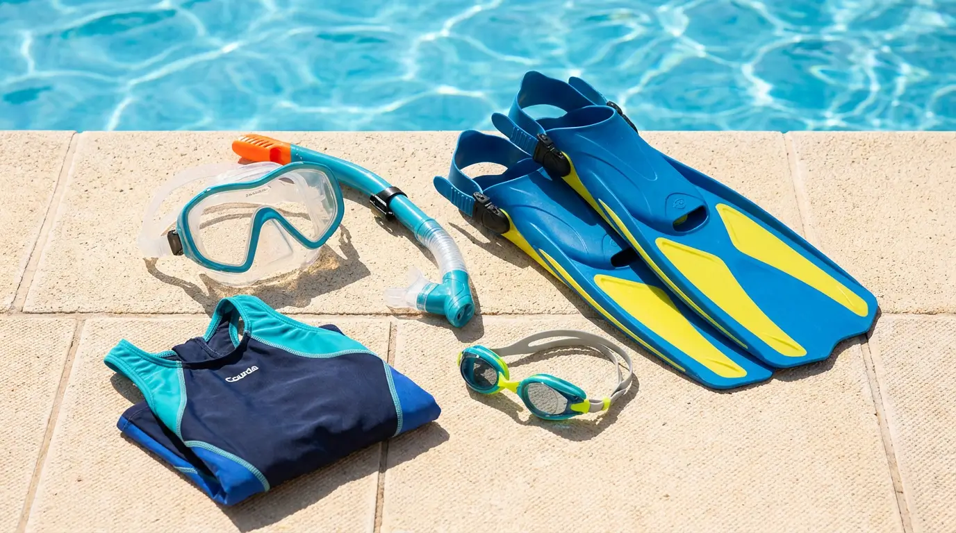 Natation Algérie 2026 : Guide Complet pour Débuter 3 Courda – Équipements Sport & Fitness en Algérie Équipement de natation en Algérie avec masque panoramique, tuba, palmes réglables et maillot technique posé au bord d'une piscine pour débuter en toute sécurité