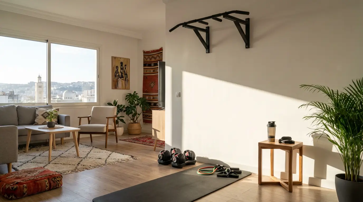 Pull Up Algérie 2026 : Guide Complet + Programme Efficace 7 Courda – Équipements Sport & Fitness en Algérie Équipement pour pull ups à domicile en Algérie avec barre fixe murale, bandes élastiques et haltères réglables dans un salon moderne.