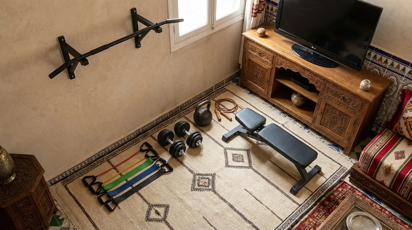 Salle de Musculation Algérie 2026 : Guide Complet + Setup 3 Courda – Équipements Sport & Fitness en Algérie Équipement complet salle de musculation maison en Algérie avec bandes élastiques, haltères réglables, kettlebell, banc et barre de traction