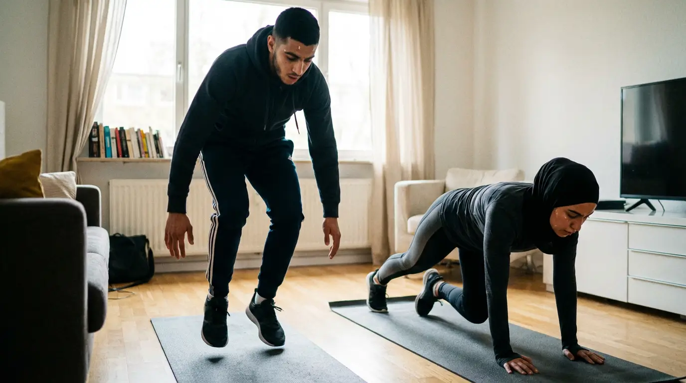 HIIT Algérie 2026 : Guide Complet + Programme Débutant 5 Courda – Équipements Sport & Fitness en Algérie Démonstration d'exercices HIIT en Algérie avec burpees complets et mountain climbers réalisés au poids du corps sur tapis de fitness dans un salon