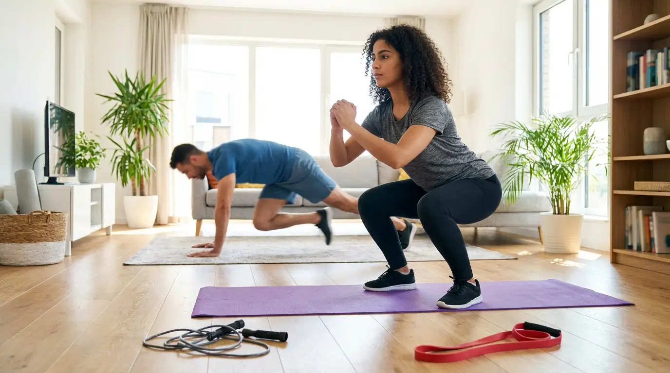 Perte de Poids Algérie 2026 : Guide + Programme Efficace 2 Courda – Équipements Sport & Fitness en Algérie Exercices de perte de poids en Algérie avec squats, mountain climbers et circuit training à la maison sur tapis de sol