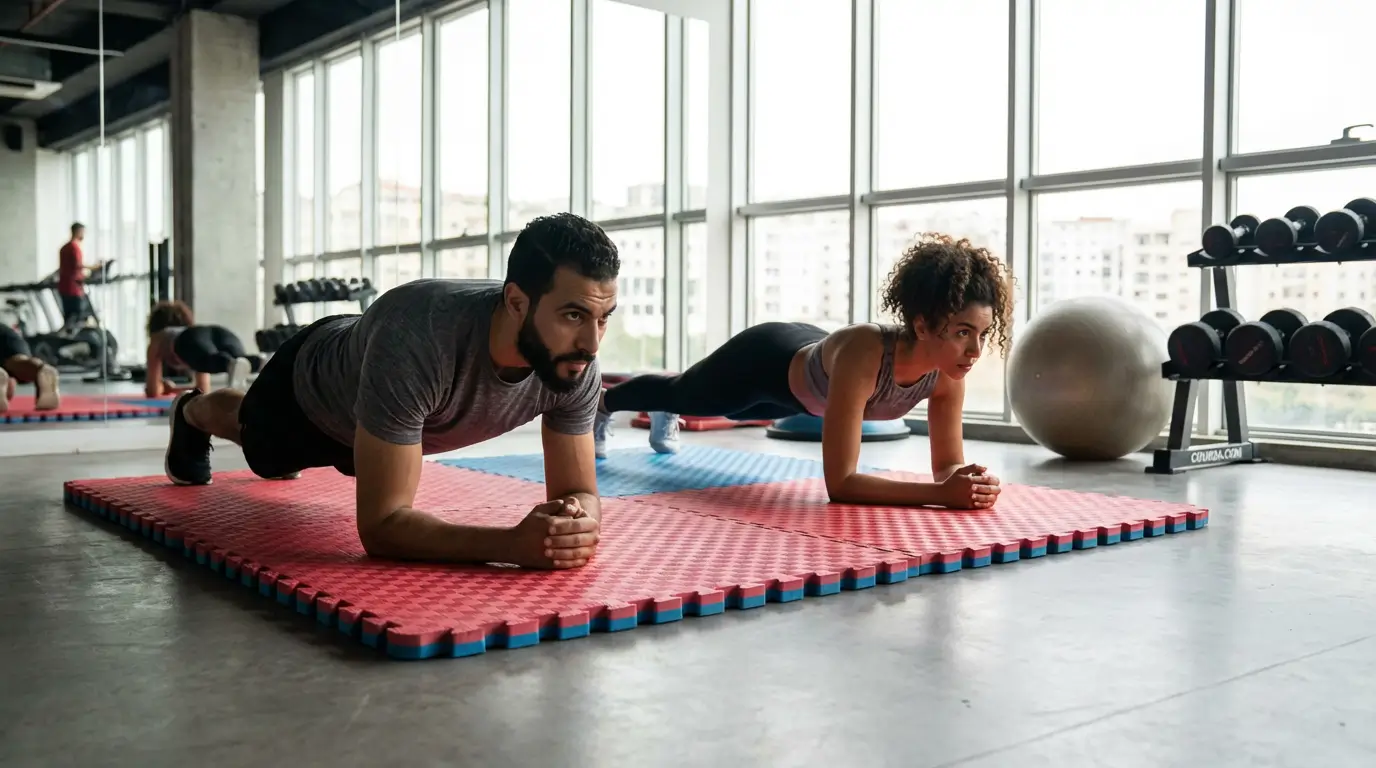 Seance de gainage planche pour renforcer la sangle abdominale et le core en Algerie sur tapis de yoga dans une salle de sport moderne