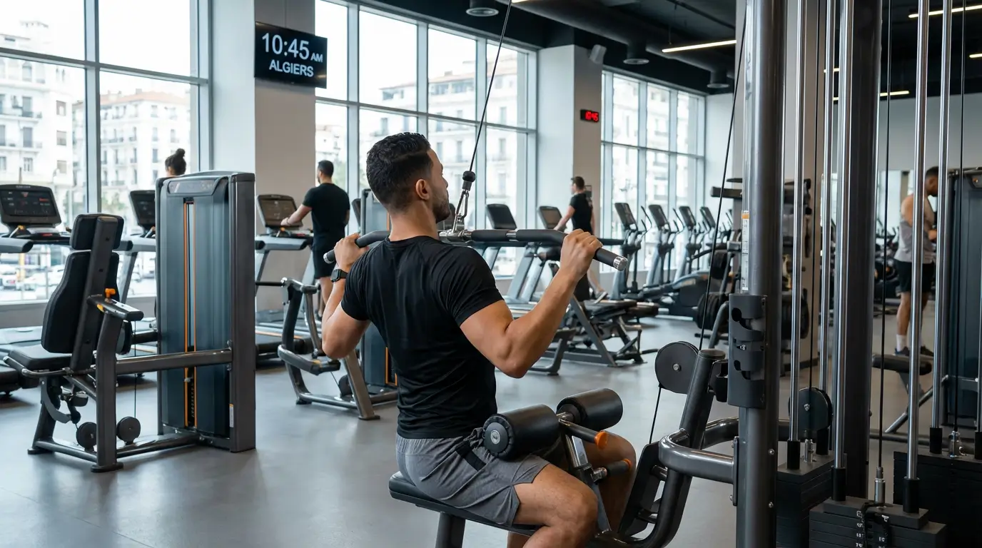 Athlète algérien réalisant un lat pull down prise large en salle de musculation à Alger pour développer un dos large et puissant