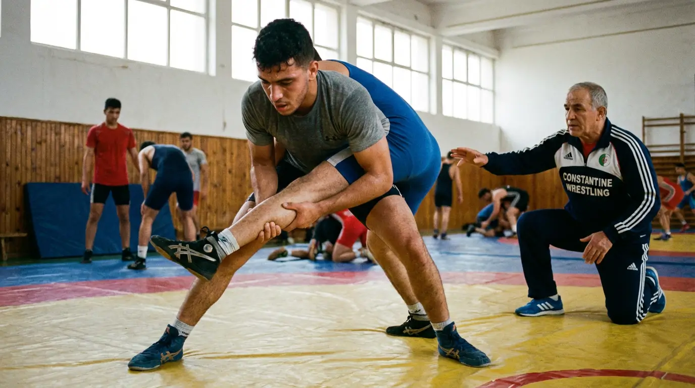 La Lutte en Algérie 2026 : Guide Complet + Équipement 2 Courda – Équipements Sport & Fitness en Algérie Techniques lutte Algérie projections prises au sol entraînement débutant single-leg takedown