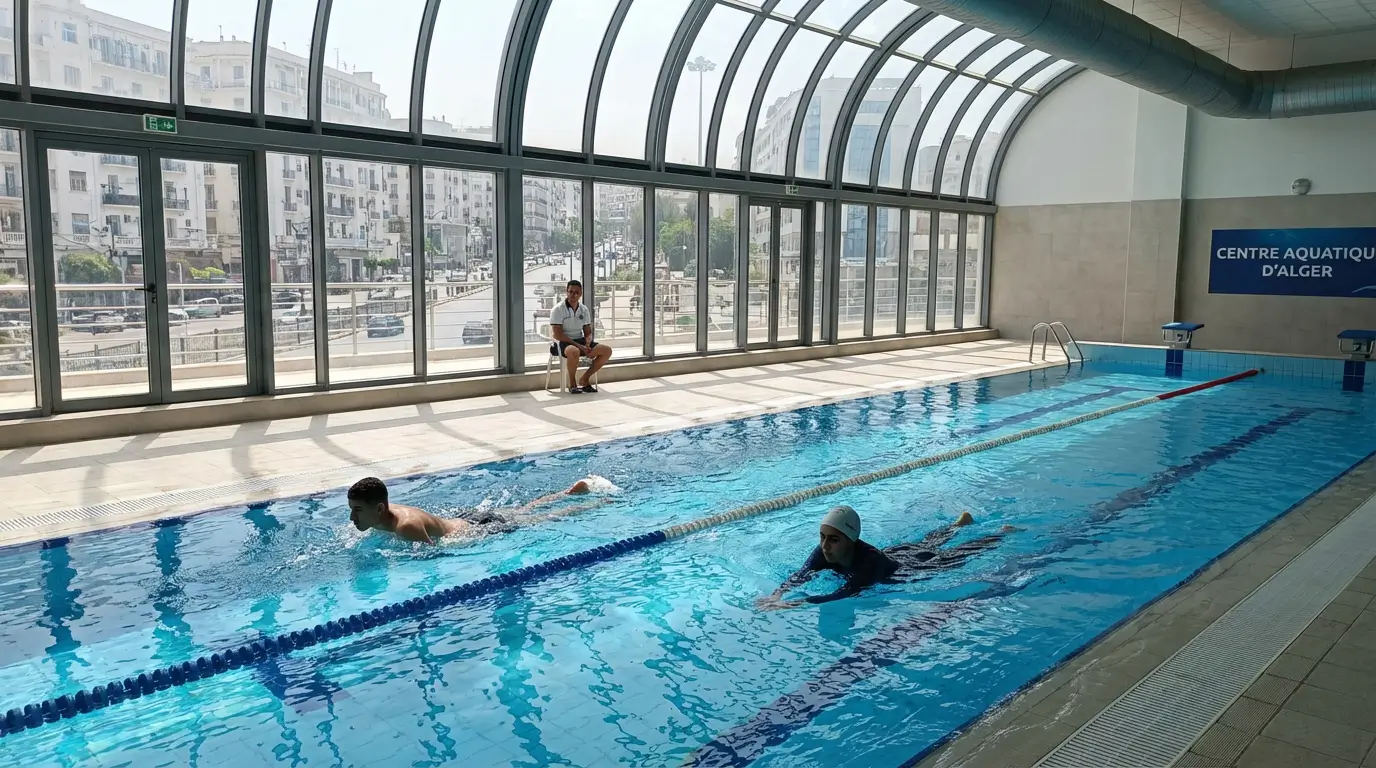 Séance de natation en piscine intérieure en Algérie avec nageurs débutants en brasse et crawl sous la surveillance d’un maître-nageur pour améliorer technique et endurance