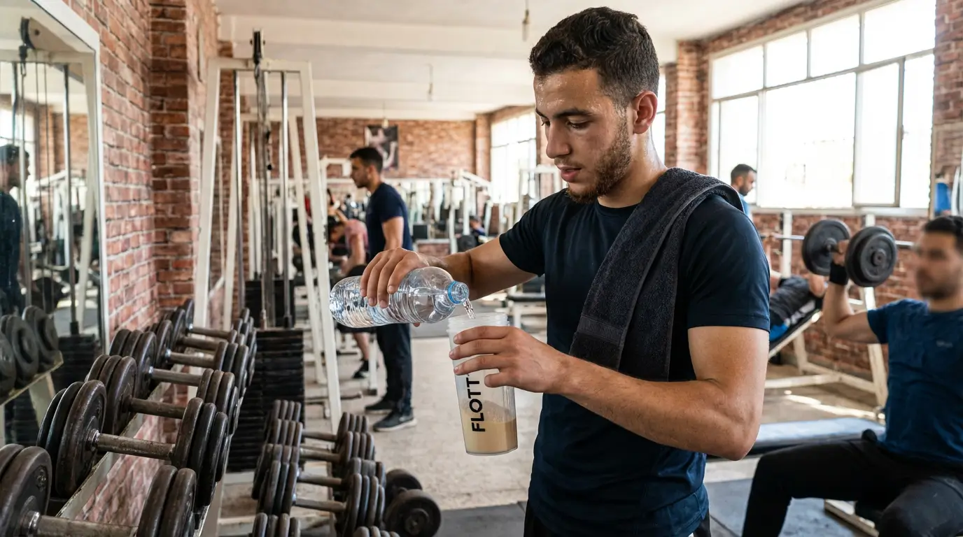 La Whey en Algérie 2026 : Guide Complet + Choix & Bienfaits 3 Courda – Équipements Sport & Fitness en Algérie sportif algerien preparant un shaker de whey proteine post entrainement dans une salle de musculation avec shaker flott