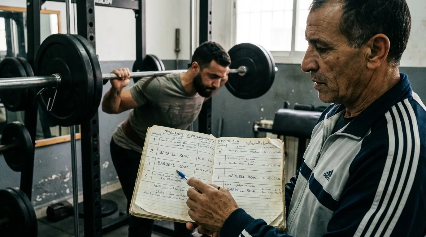 Barbell Row Algérie 2026 : Guide Technique + Programme 2 Courda – Équipements Sport & Fitness en Algérie Programme barbell row 8 semaines en Algérie avec coach qui planifie les charges et les séries pour renforcer le dos