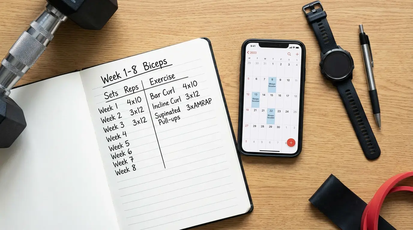 Exercices Biceps Algérie 2026 : Guide + Programme Efficace 4 Courda – Équipements Sport & Fitness en Algérie Planning d'entraînement biceps 8 semaines en Algérie avec deux séances par semaine, progression des charges et suivi des séries