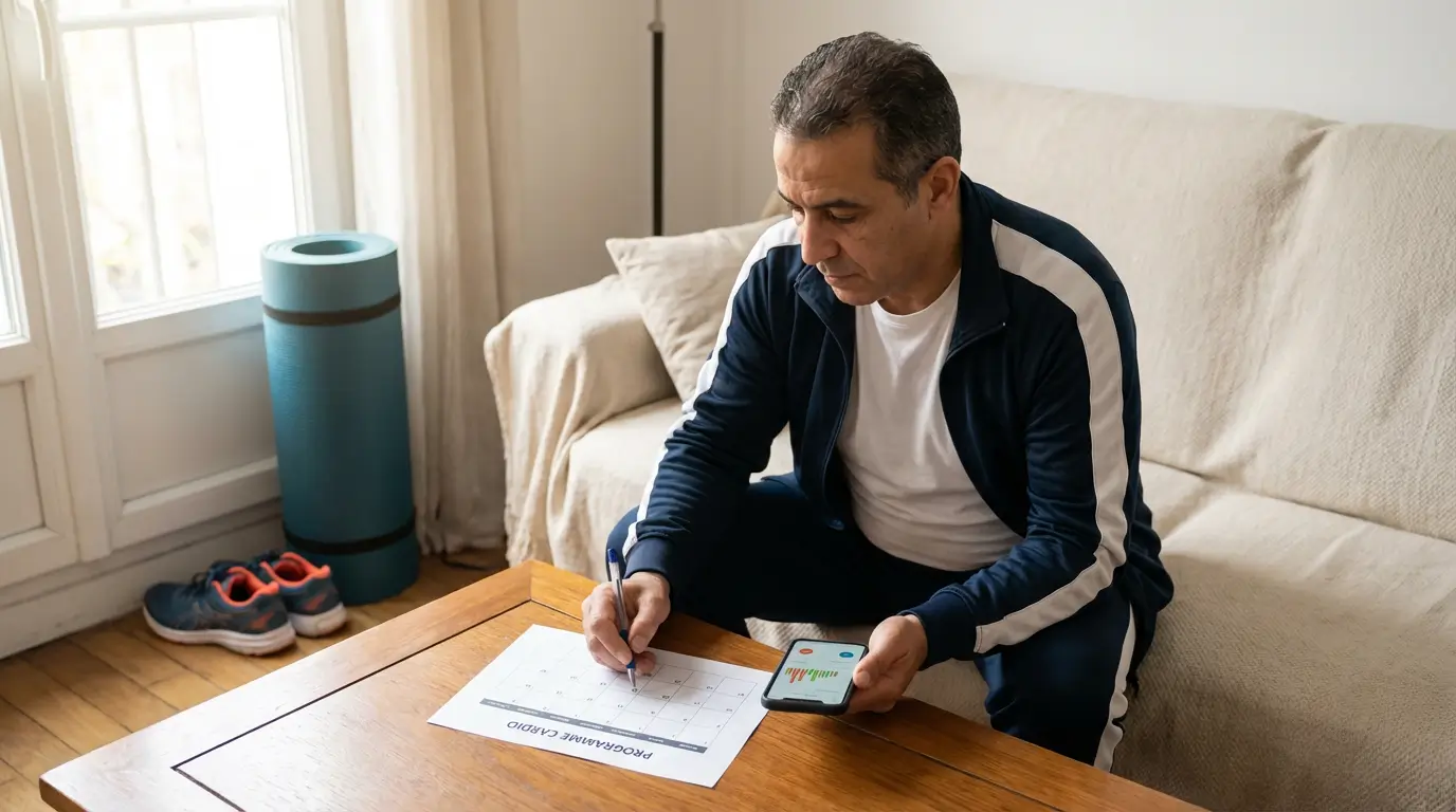 Cardio Algérie 2026 : Guide + Programme Efficace 5 Courda – Équipements Sport & Fitness en Algérie Sportif en Algérie qui planifie un programme cardio 4 semaines avec planning imprimé et suivi d'entraînement à la maison