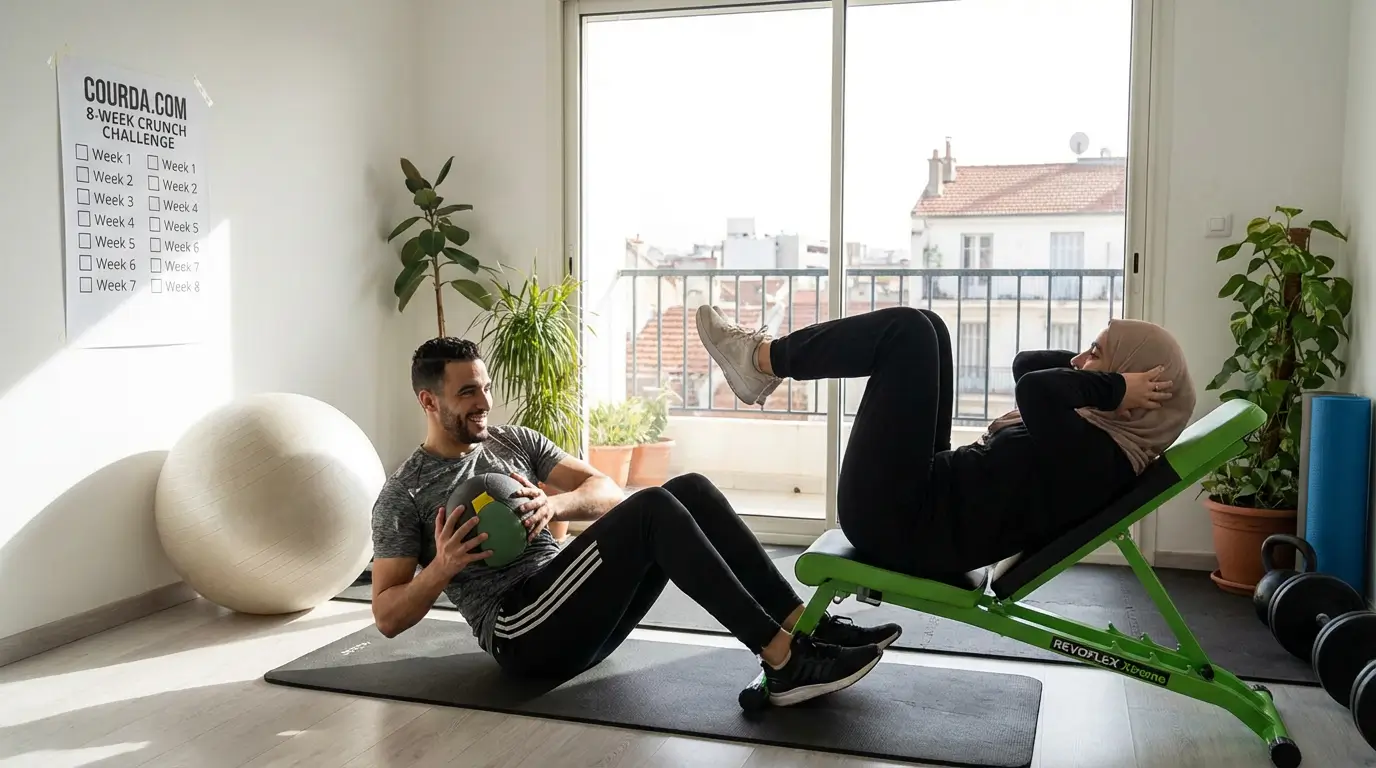 Crunch Abdos Algérie 2026 : Guide Complet + Programme 4 Courda – Équipements Sport & Fitness en Algérie Programme crunch 8 semaines Algérie circuit variantes abdos sculptés tapis Revoflex progression