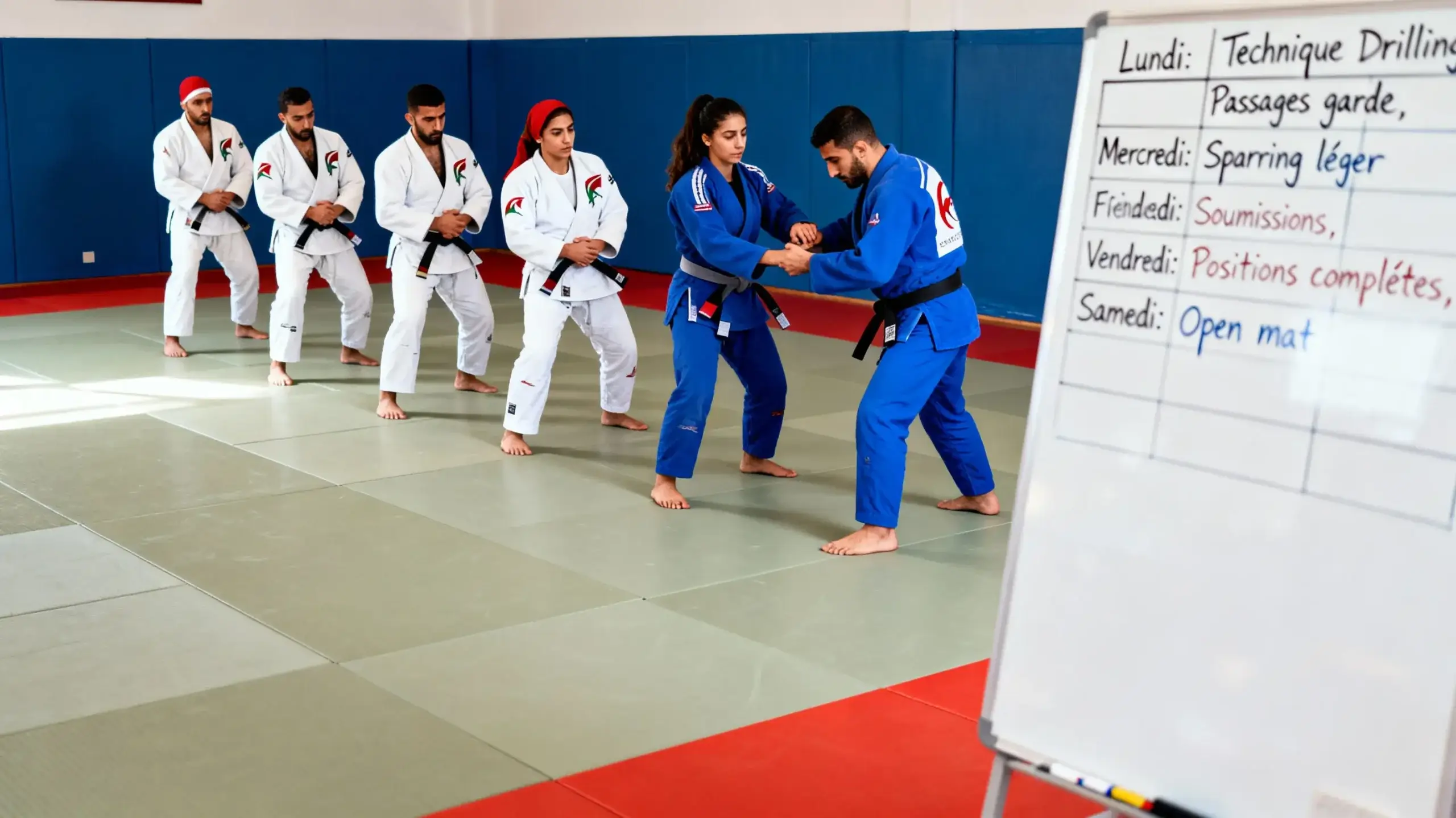 Jiu Jitsu Algérie 2026 : Guide Complet pour Débuter et Progresser 3 Courda – Équipements Sport & Fitness en Algérie Séance de drilling de jiu jitsu en Algérie avec plusieurs duos de pratiquants répétant un programme d’entraînement hebdomadaire sur tatami, tableau blanc indiquant les jours de technique, sparring et open mat.