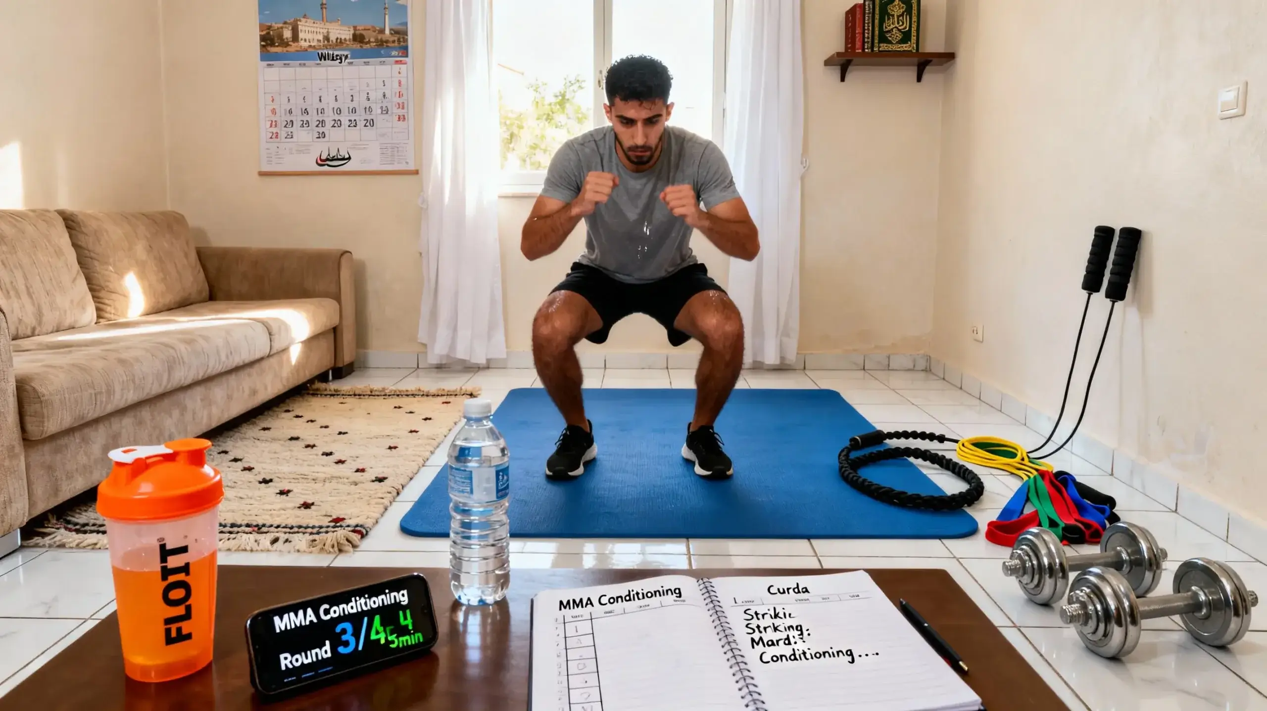 MMA Algérie 2026 : Guide Complet pour Débuter + Équipement 7 Courda – Équipements Sport & Fitness en Algérie Jeune débutant en arts martiaux mixtes en Algérie suivant un programme d’entraînement hebdomadaire avec burpees, bandes élastiques, corde à sauter et tapis de sol dans son salon.