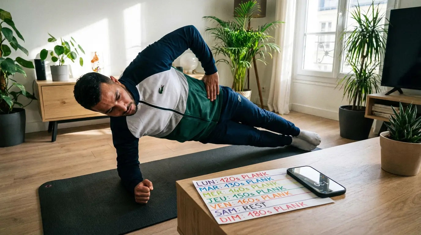 Gainage Algérie 2026 : Guide Complet Exercices & Résultats 4 Courda – Équipements Sport & Fitness en Algérie Programme de gainage sur 8 semaines en Algerie avec planning hebdomadaire et minuteur pendant quun sportif tient une position de gainage lateral sur tapis a la maison