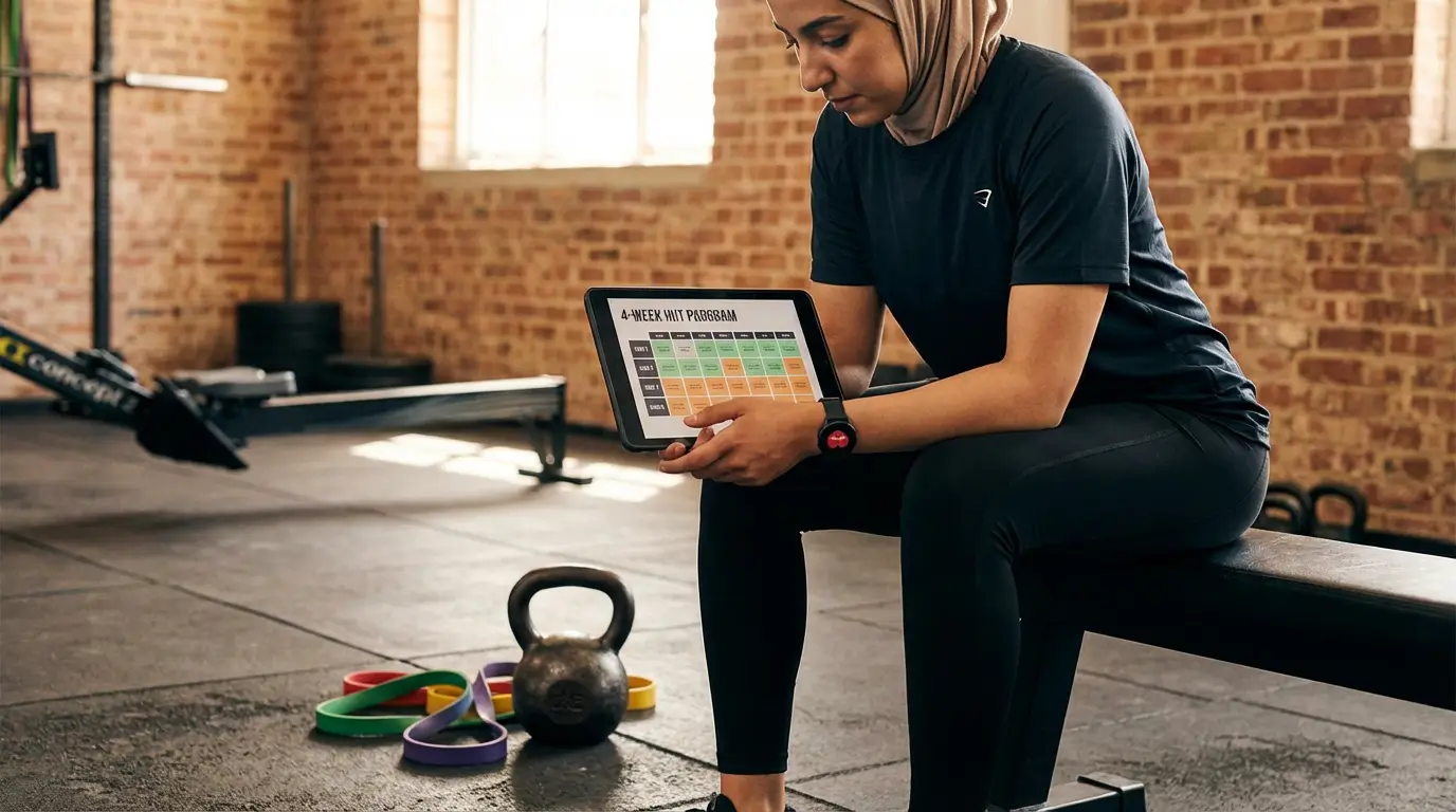 HIIT Algérie 2026 : Guide Complet + Programme Débutant 3 Courda – Équipements Sport & Fitness en Algérie Femme algérienne planifie son programme HIIT 4 semaines sur tablette avec planning hebdomadaire détaillé entouré d'un kettlebell et de bandes élastiques dans une salle de sport locale