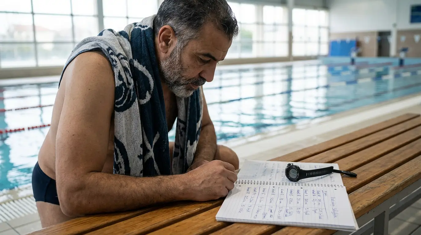 Natation Algérie 2026 : Guide Complet pour Débuter 4 Courda – Équipements Sport & Fitness en Algérie Nageur débutant en Algérie qui planifie un programme de sport aquatique sur 8 semaines avec distances et styles de nage au bord de la piscine