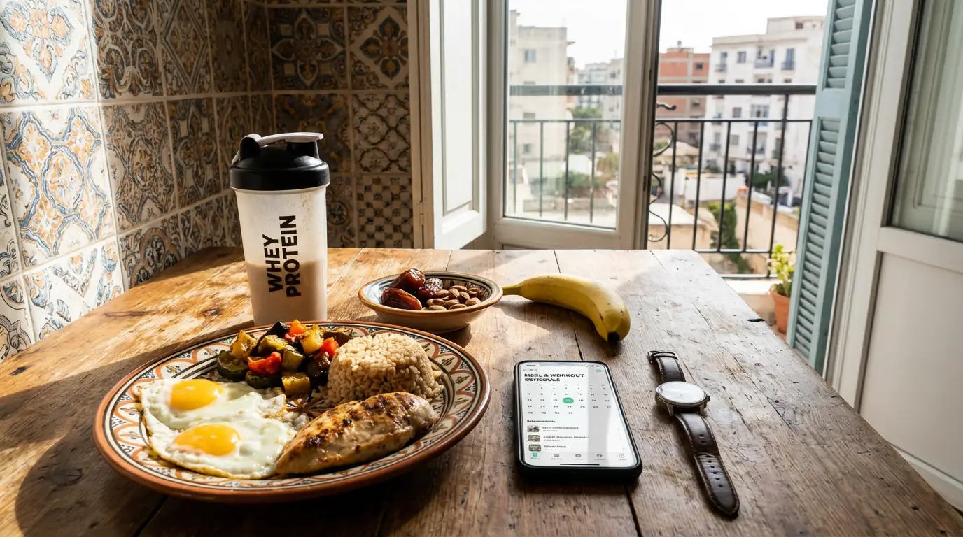 La Whey en Algérie 2026 : Guide Complet + Choix & Bienfaits 5 Courda – Équipements Sport & Fitness en Algérie programme nutritionnel avec whey proteine en algerie montrant repas proteines oeufs poulet riz dattes amandes et shaker organise sur une table