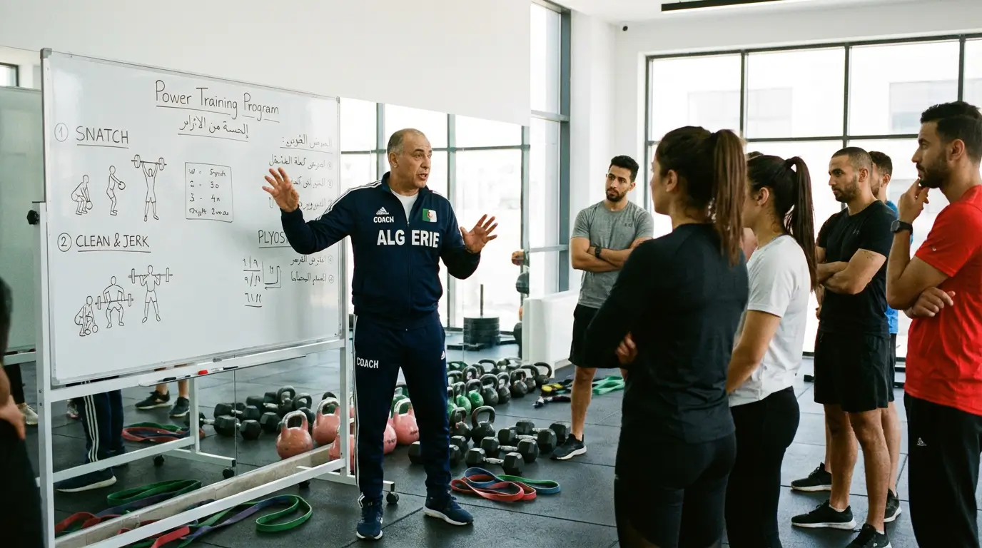 Puissance Musculaire Algérie 2026 : Guide + Programme 3 Courda – Équipements Sport & Fitness en Algérie Coach en Algérie présentant un programme puissance musculaire 8 semaines avec planification des séances et équipement fonctionnel