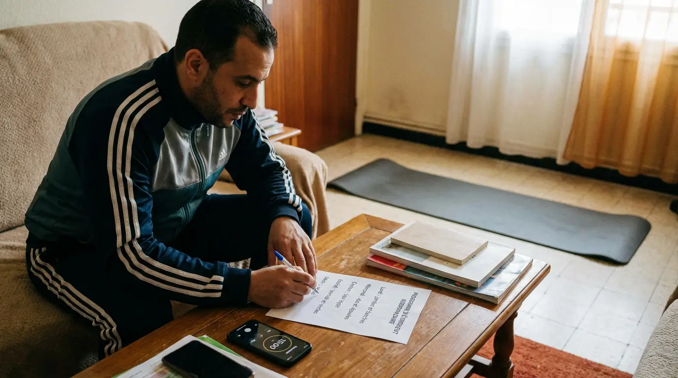 Stretching Algérie 2026 : Guide Complet + Exercices 1 Courda – Équipements Sport & Fitness en Algérie Sportif en Algérie qui planifie un programme de stretching débutant de 15 minutes par jour avec planning hebdomadaire imprimé à la maison