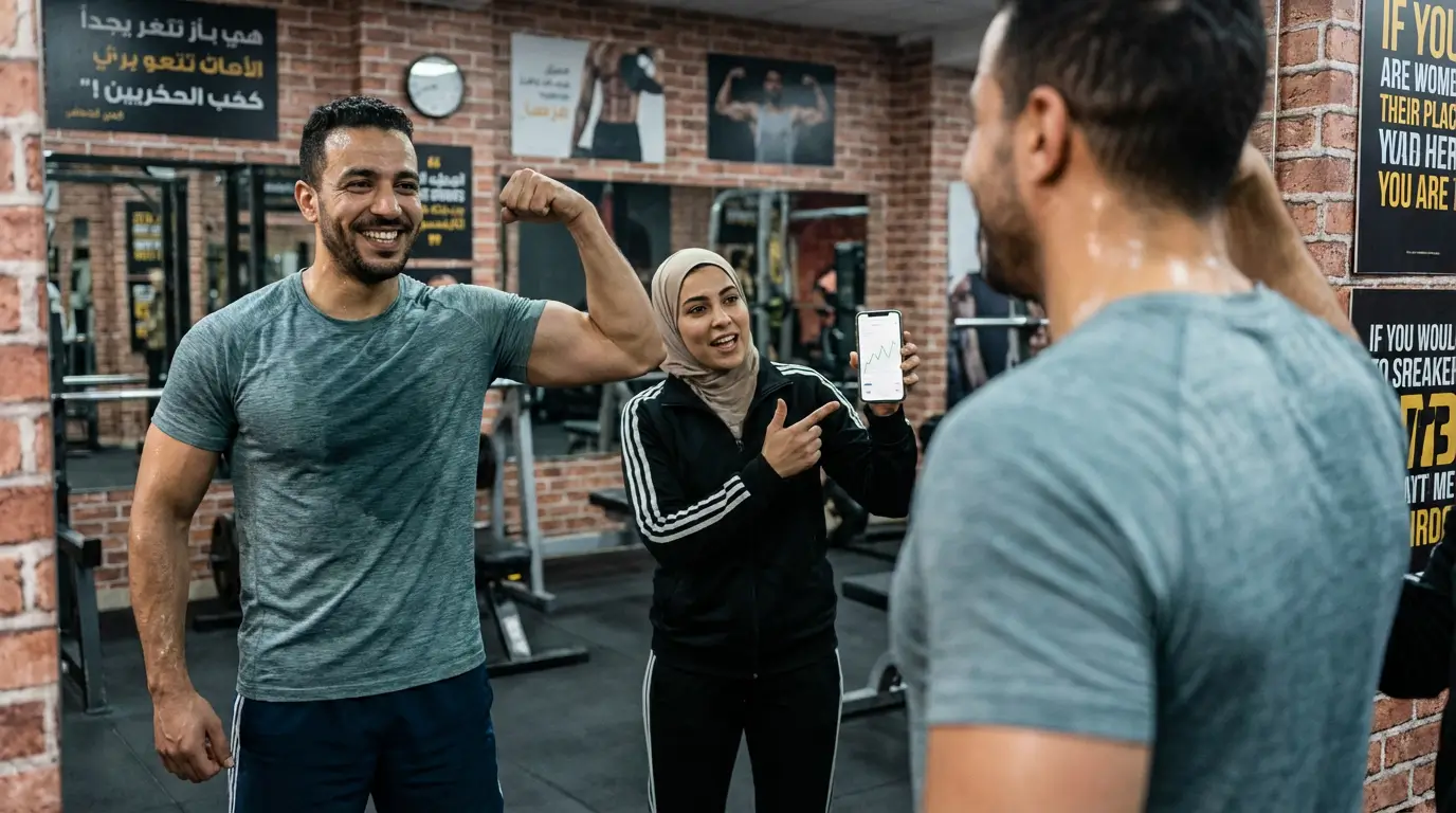 HIIT Algérie 2026 : Guide Complet + Programme Débutant 2 Courda – Équipements Sport & Fitness en Algérie Résultats du HIIT en Algérie avec homme montrant une silhouette plus sèche et tonique dans une salle de sport, coach algérienne affichant la progression sur smartphone pour renforcer la motivation