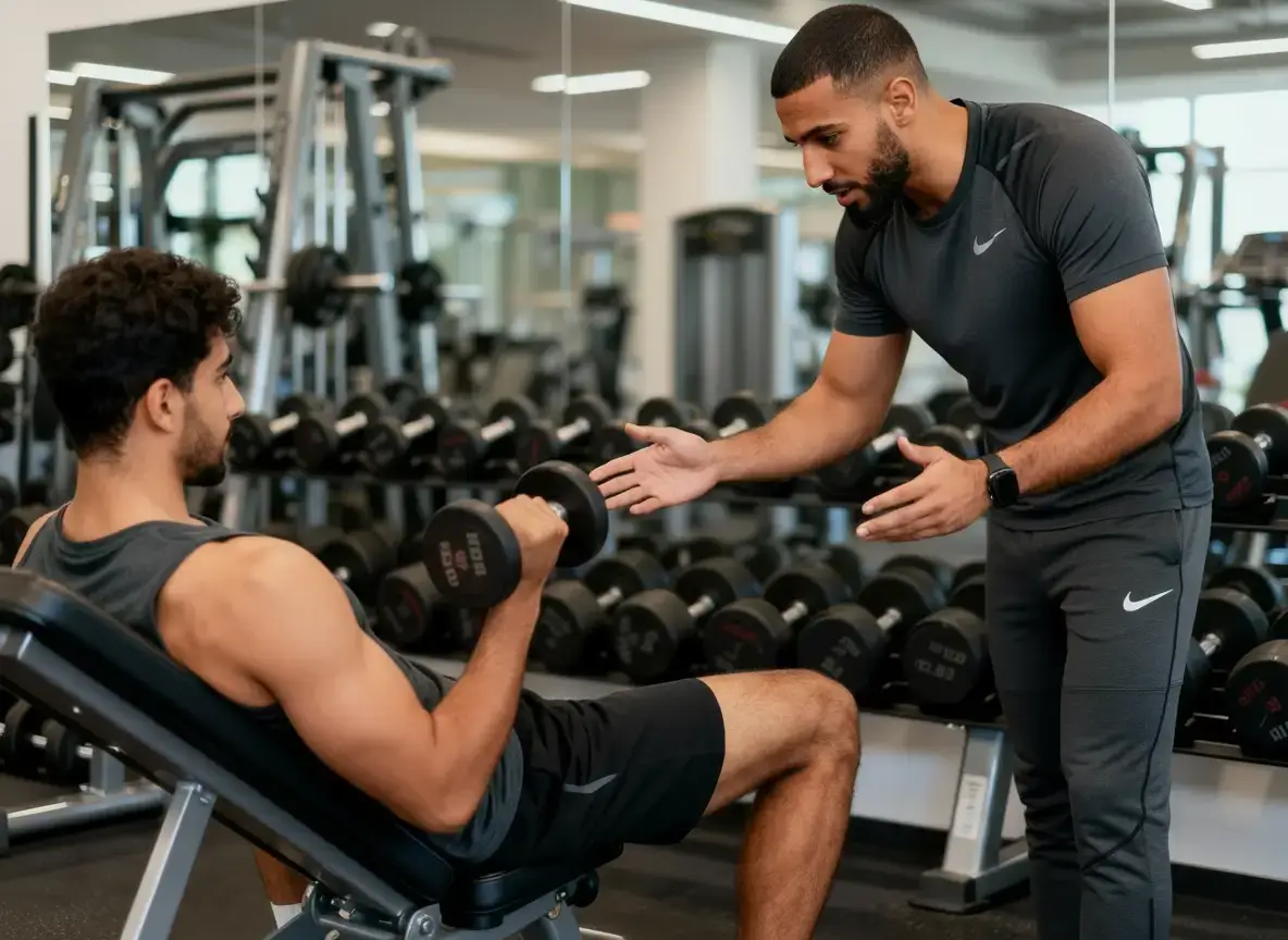 Salle de Sport en Algérie : Guide Complet 2026 1 Courda – Équipements Sport & Fitness en Algérie Coach professionnel guidant un entraînement en salle de sport en Algérie avec équipements de musculation et programme personnalisé