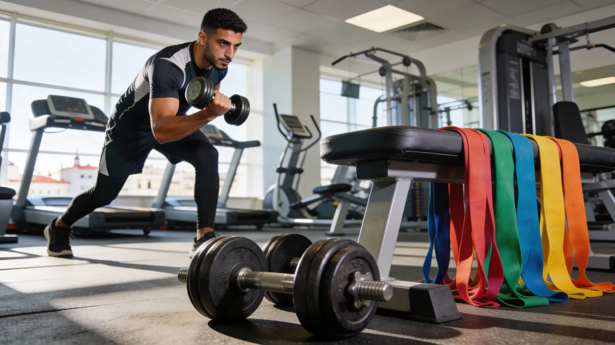 Salle de musculation en Algérie avec homme s’entraînant avec haltères, banc de musculation et bandes élastiques Courda.com