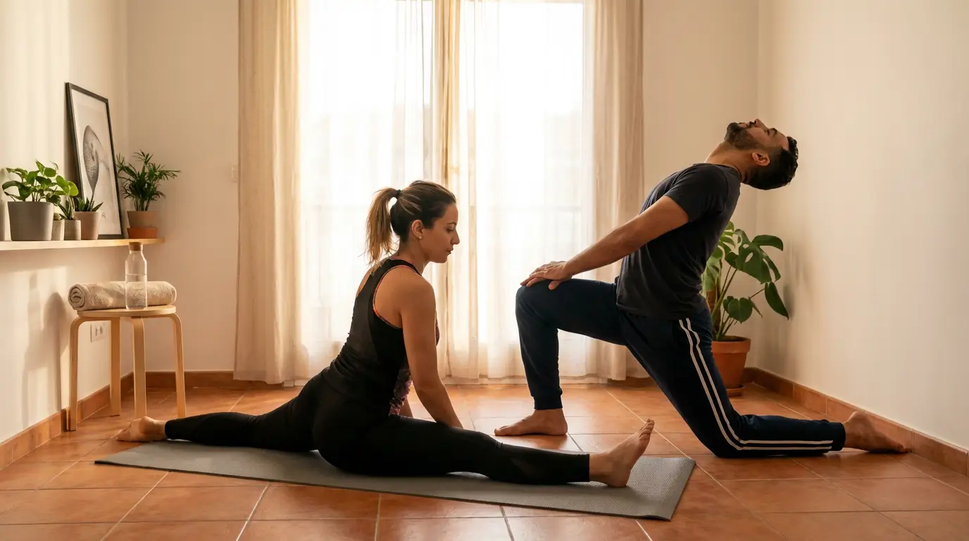 Séance de stretching à la maison en Algérie avec étirements des jambes et des hanches sur tapis de yoga pour améliorer souplesse et récupération musculaire