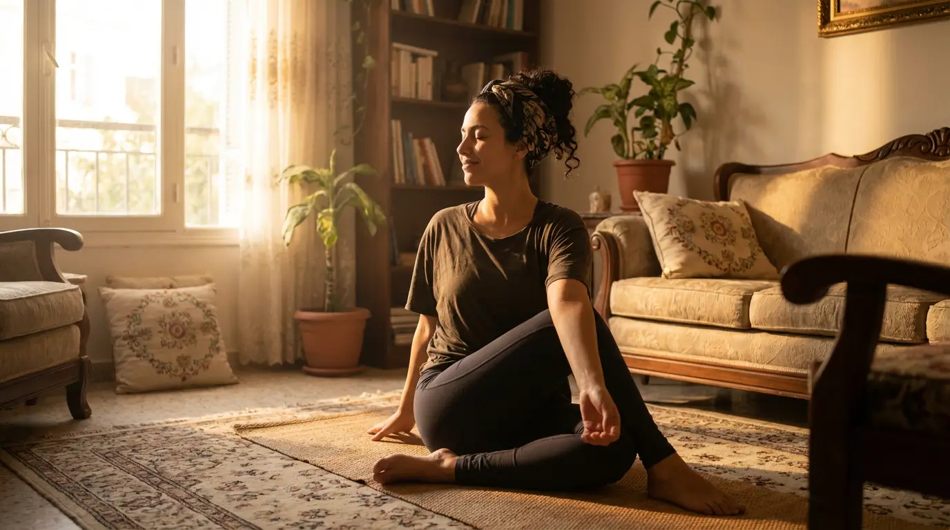 Stretching Algérie 2026 : Guide Complet + Exercices 4 Courda – Équipements Sport & Fitness en Algérie Séance de stretching en Algérie avec torsion vertébrale et étirements doux en fin de journée pour soulager les douleurs du dos et réduire le stress