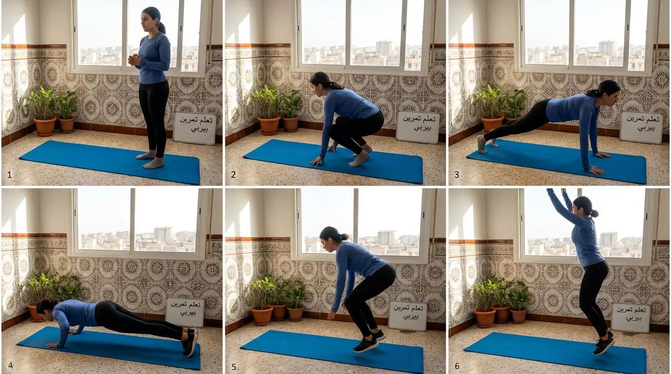 Burpees Algérie 2026 : Guide Technique + Programme Efficace 2 Courda – Équipements Sport & Fitness en Algérie Technique burpees Algérie 2026 phases squat planche pompe saut avec tapis gym