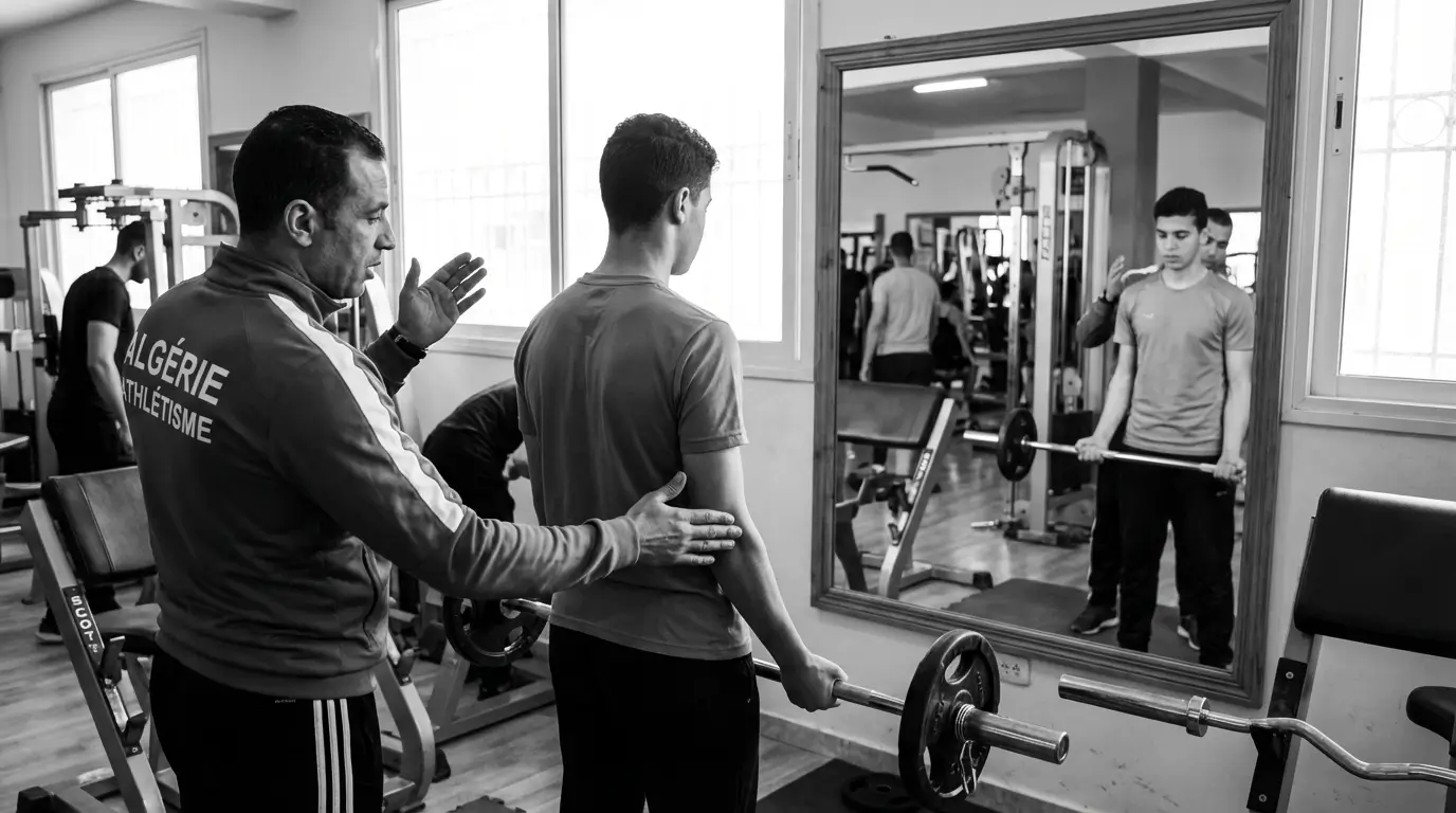 Exercices Biceps Algérie 2026 : Guide + Programme Efficace 2 Courda – Équipements Sport & Fitness en Algérie Coach en Algérie qui corrige la technique du curl barre droite pour exercices biceps avec amplitude complète et position stricte