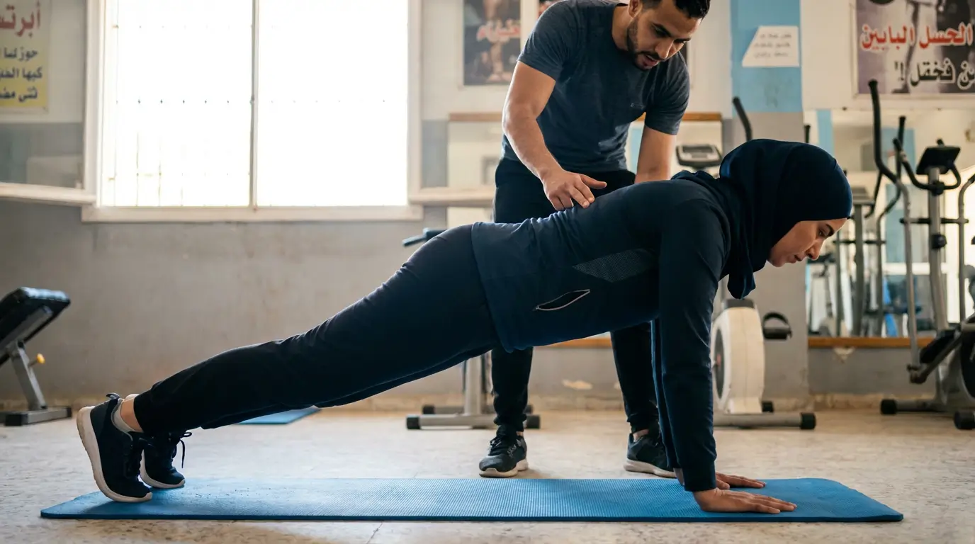 Gainage Algérie 2026 : Guide Complet Exercices & Résultats 3 Courda – Équipements Sport & Fitness en Algérie Technique de gainage planche pour travailler le core en Algerie avec une femme en salle de sport montrant un alignement parfait du corps sur tapis de yoga
