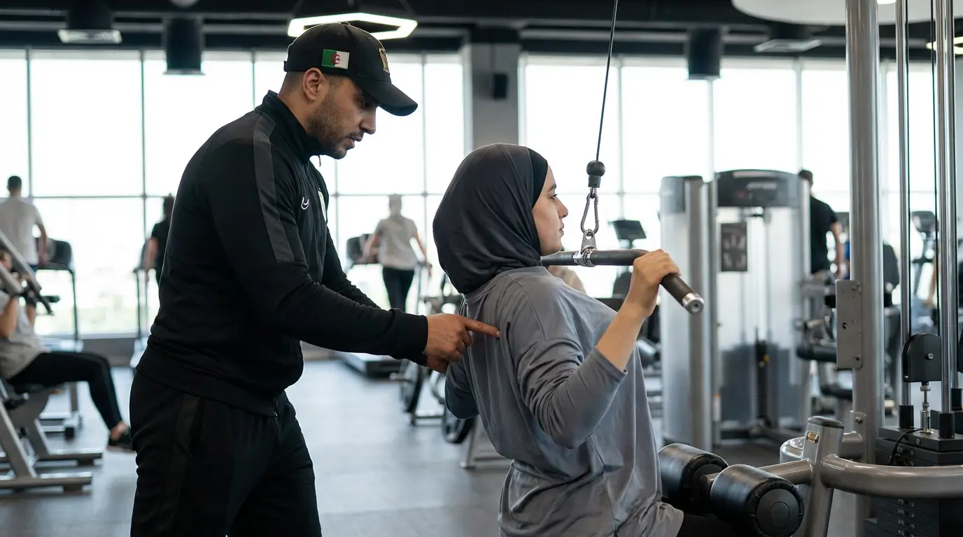 Lat Pull Down Algérie :Guide Complet Technique 2026 2 Courda – Équipements Sport & Fitness en Algérie Coach de musculation en Algérie expliquant la technique du lat pull down à une sportive sur machine à poulie haute