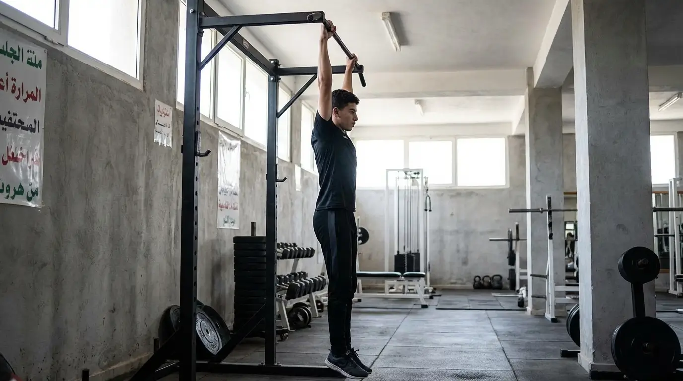 Pull Up Algérie 2026 : Guide Complet + Programme Efficace 2 Courda – Équipements Sport & Fitness en Algérie Position de départ bras tendus pour un pull up strict sur barre fixe en Algérie.